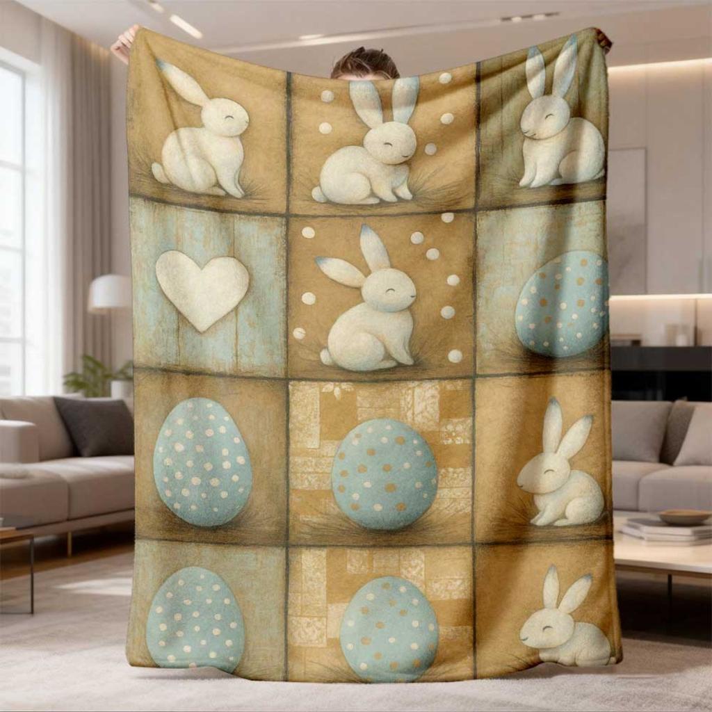 1pc Bohemian Style Flannel Blanket Suitable for All- Soft Cozy Throw with Vintage Easter Bunny & Eggs, Digital Print Fleece Bedspread, 250-300gsm Poly