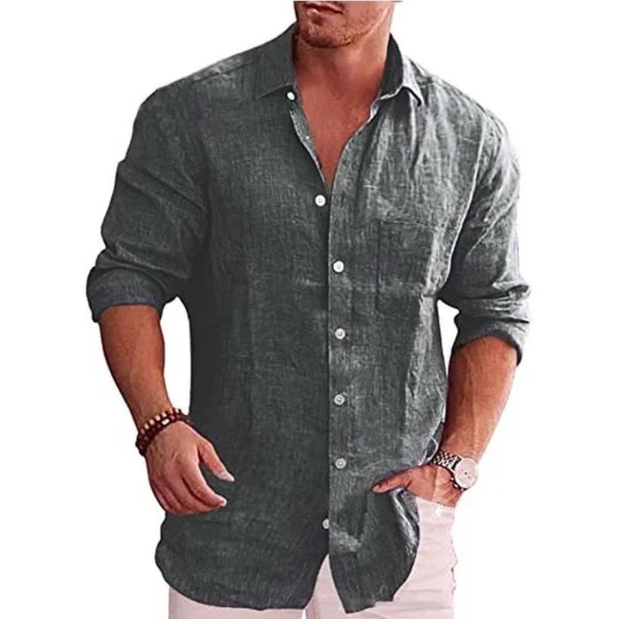 Men's Loose Solid Flax Polo Collar Long Sleeve Shirt Casual Men White Black Loose Shirts for Men Blouse