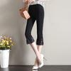 Women Cropped Pants Solid Color High Elastic Summer Flared Pants Lace Stitching Trim Tight Leggings with Pockets