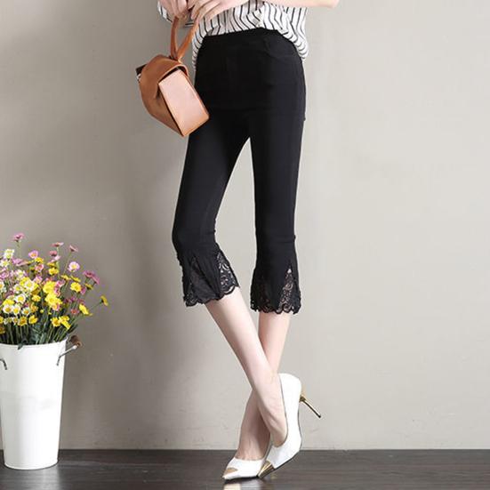 Женские укороченные брюки, однотонные, высокоэластичные, летние, расклешенные брюки, кружевная отделка, обтягивающие леггинсы с карманами