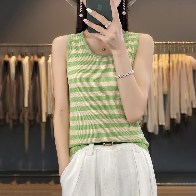 Летняя новая свободная короткая футболка с круглым вырезом, вязаный свитер без рукавов, базовый слой, жилет, топ на бретелях