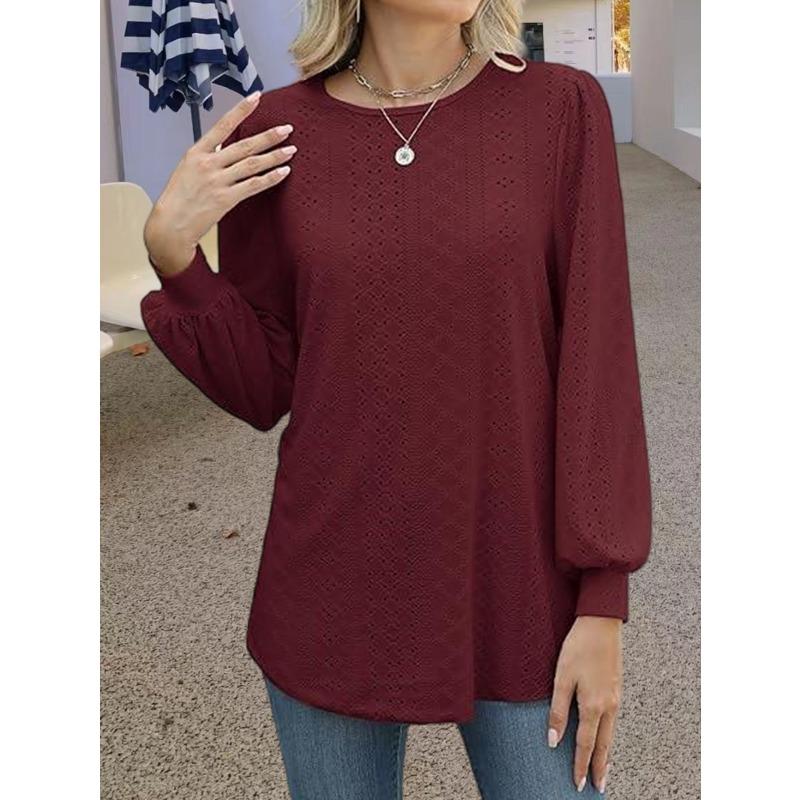 women's Hollow Out Textured Puff Long Sleeve Crew Neck T-Shirt Casual Loose Fit Blouse Top
