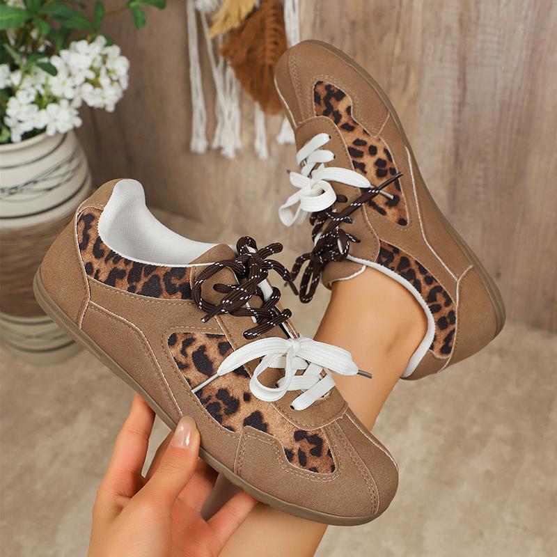 Fashion Women's Shoes Vintage Leopard Print Flat Heel Sneaker Women 2025 Patchwork Lace Up Tennis Shoes Woman Light Non Slip Sport Shoes