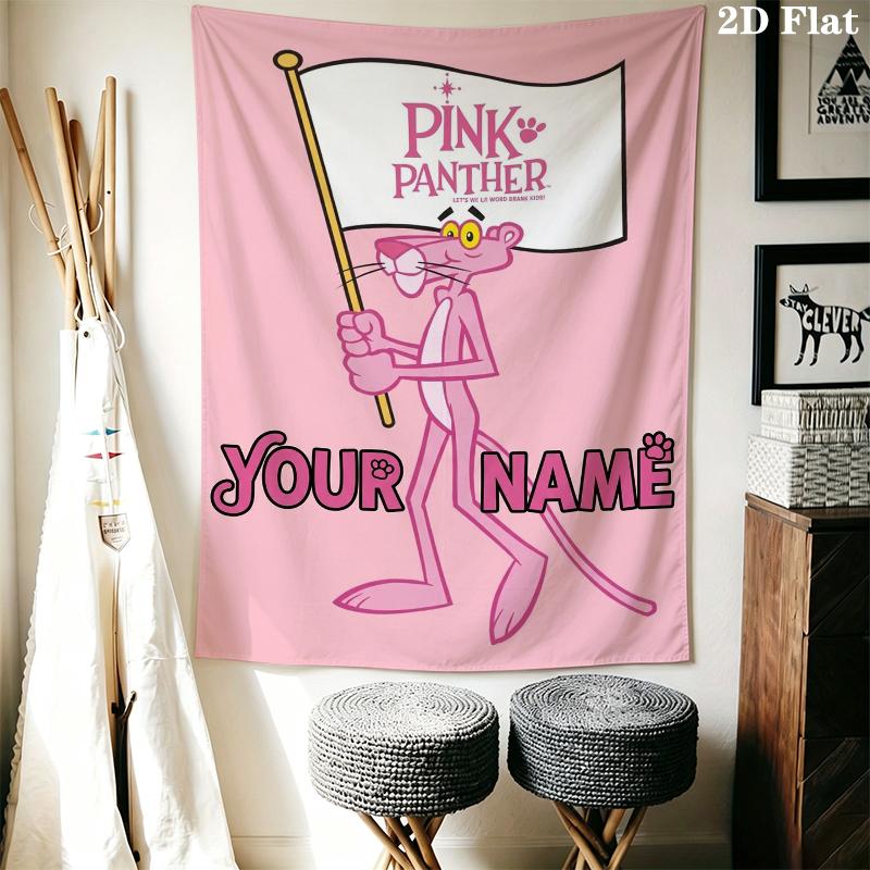 Custom Name Pink Panther Wall Tapestry Aesthetic Wall Hanging Printed Fabric Blanket Decorative Tapestries for Bedroom Living Room Home Decor