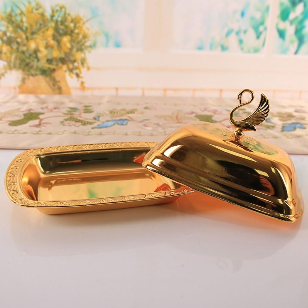 2pcs Alloy Fruit Serving Tray Gold Snack Serving Dish Storage Tray With Lid Buffet Serving