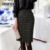 Women Tweed Skirts Office Lady Mid-long High Waist Business Plaid Elegant Bag Hip One Step Skirt Faldas