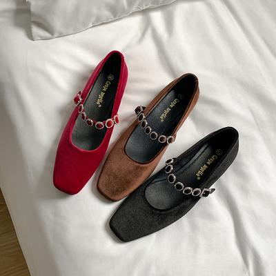 Виноградная мать то же самое французский квадратный носок мелкий вырез высокие каблуки ремень с бриллиантами на одно слово низкий каблук замша Мэри Джейн одинарная обувь женская весна и осень