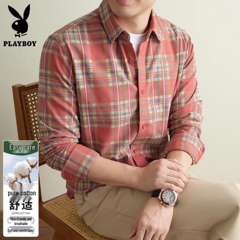 PLAYBOY Мужская повседневная рубашка с длинным рукавом из байки
