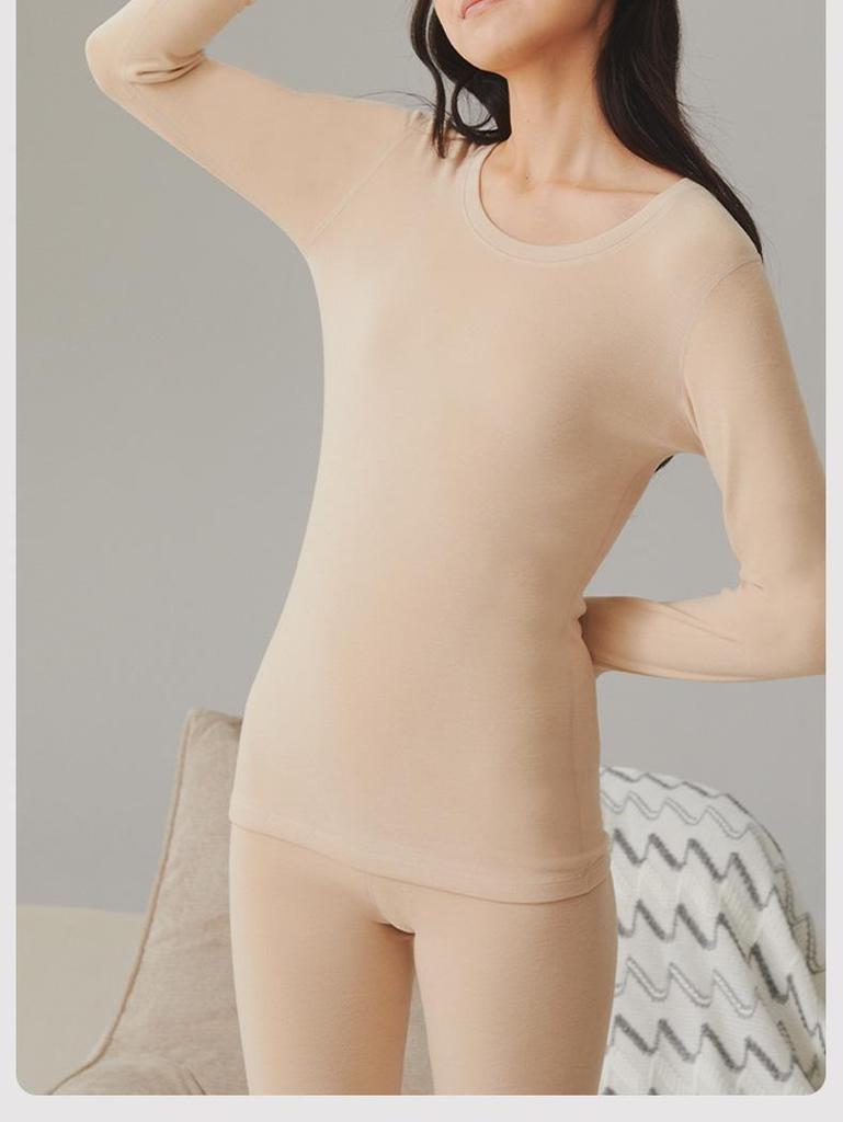 Женский утолщенный флисовый комплект термобелья облегающего кроя с круглым вырезом для осени и зимы