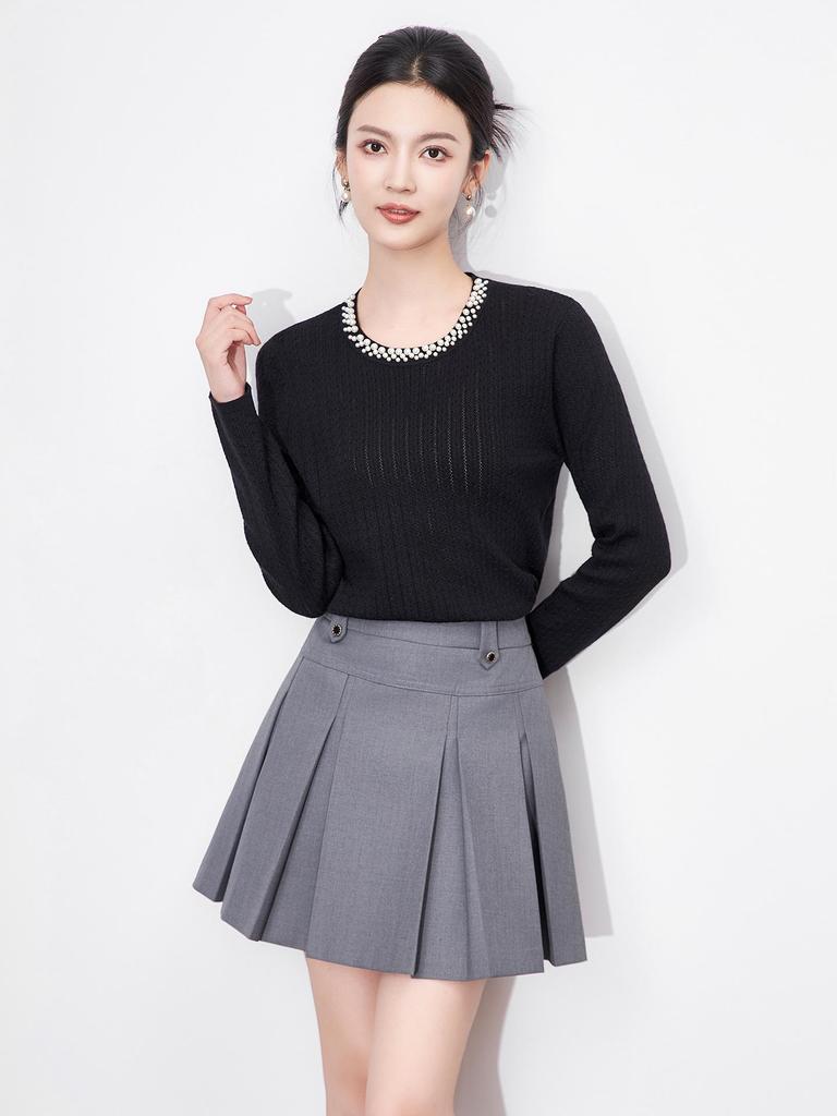 Свитер топ с длинным рукавом, круглым вырезом, 3D вязанием «косы» и бисером для женщин в стиле «легкая роскошь»