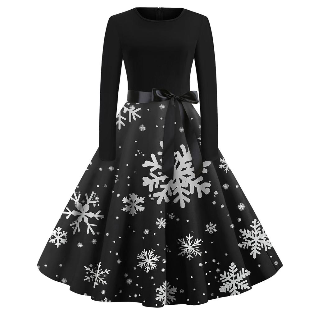 Women's Fashion Vintage Long Sleeve Round Neck Christmas Printed Party Gown Dress