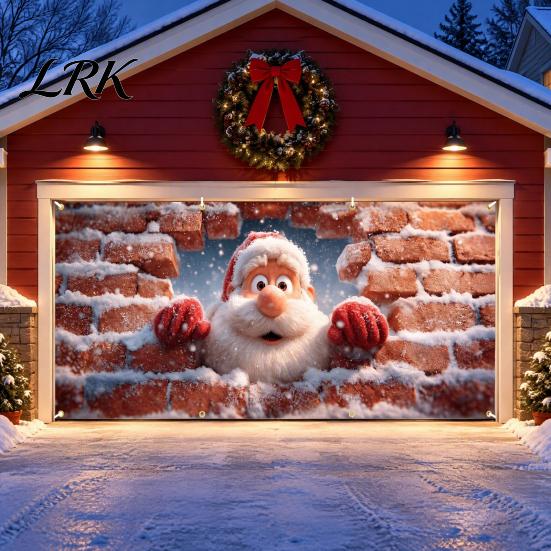 Large Format Door Display Christmas Garage Cover, Winter Holiday Hanging Banner Backdrop, Tree Backdrop Santa Claus Snowman Truck Photography