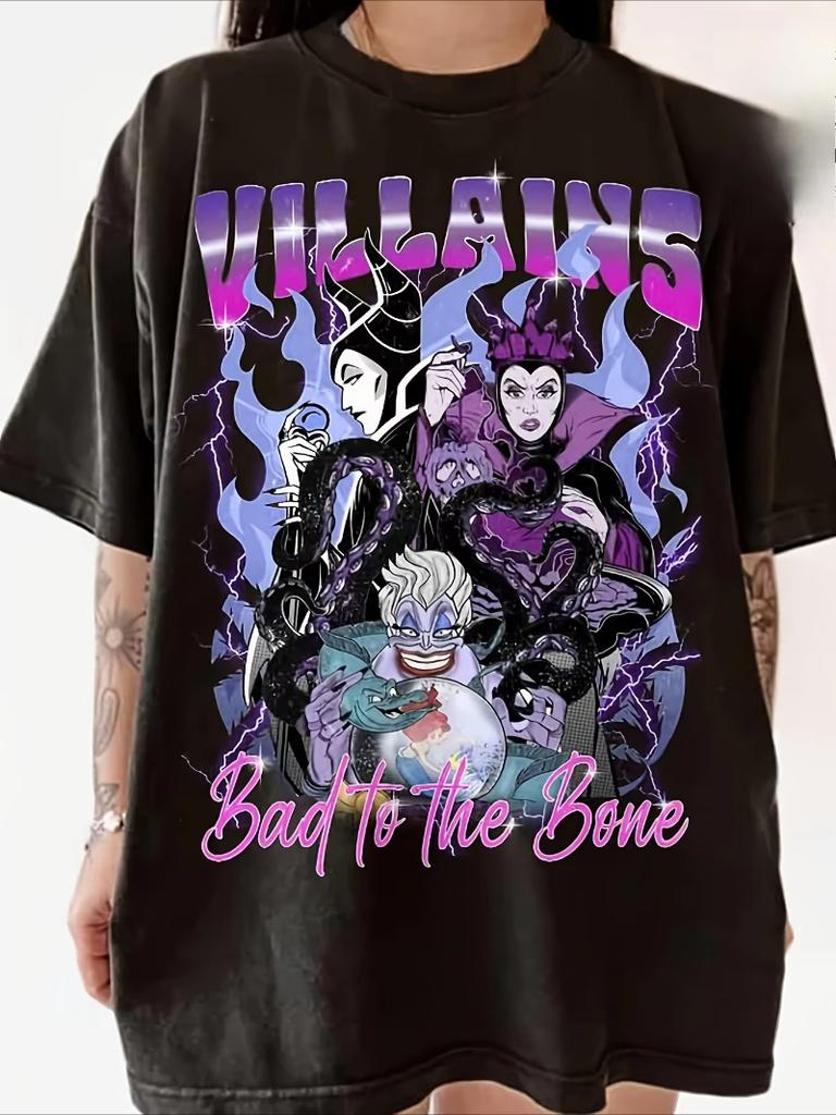 Vintage Villain Bad To The Bone Graphic Tshirt Mini Ursula and Cruella Art Comfortable Cotton Crew Neck Short Unisex Women