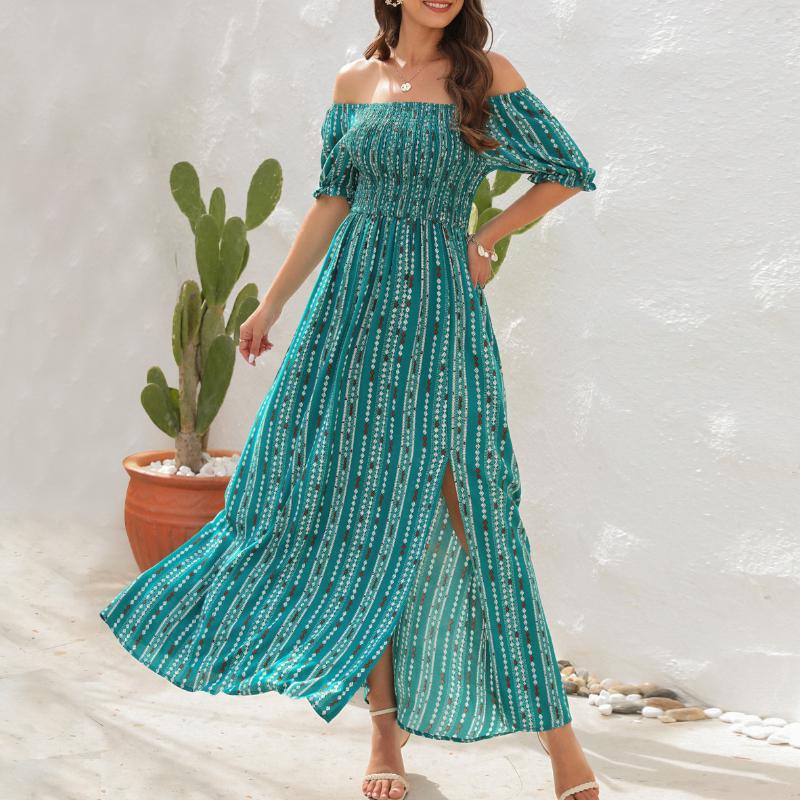 GMXIA Весна-лето Вертикальные полосатые платья с разрезом на талии Одно плечо Короткий рукав Повседневные праздничные платья