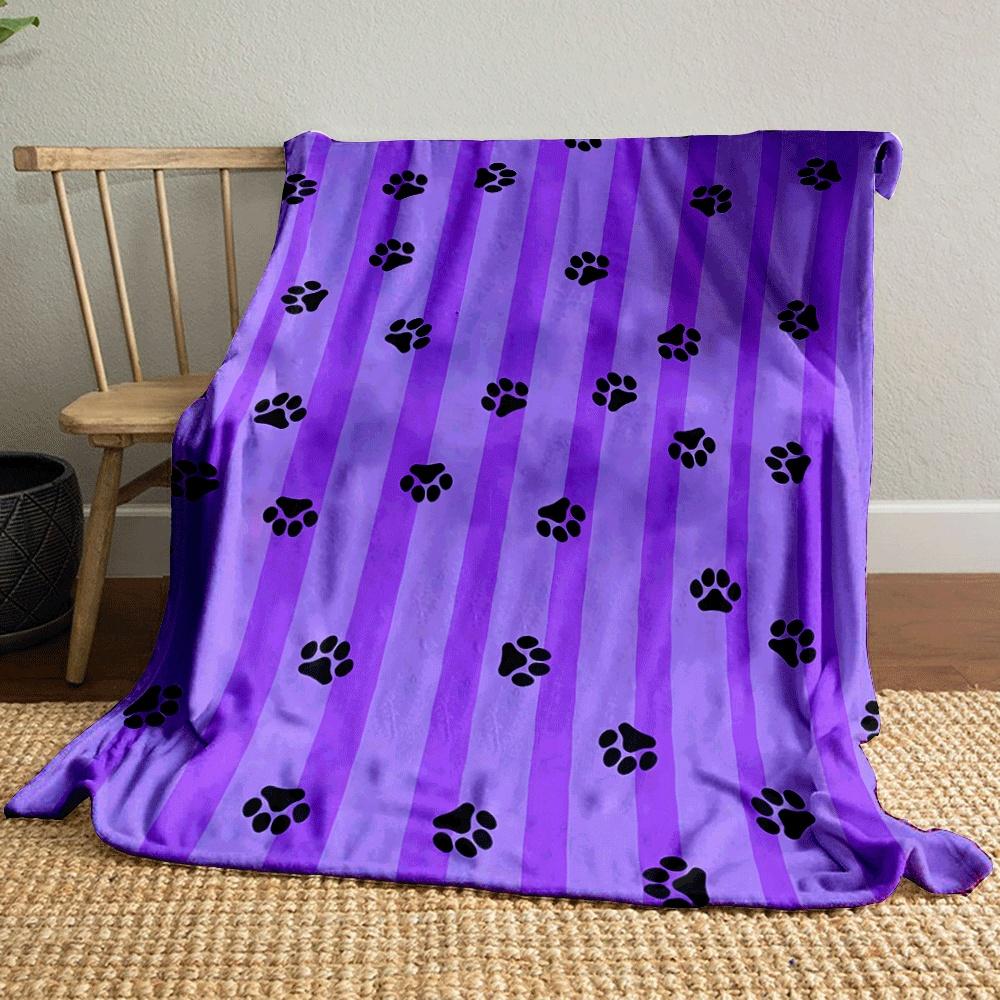 Purple vertical stripes with scattered black paw prints. for all seasons blanket lunch break throw gift