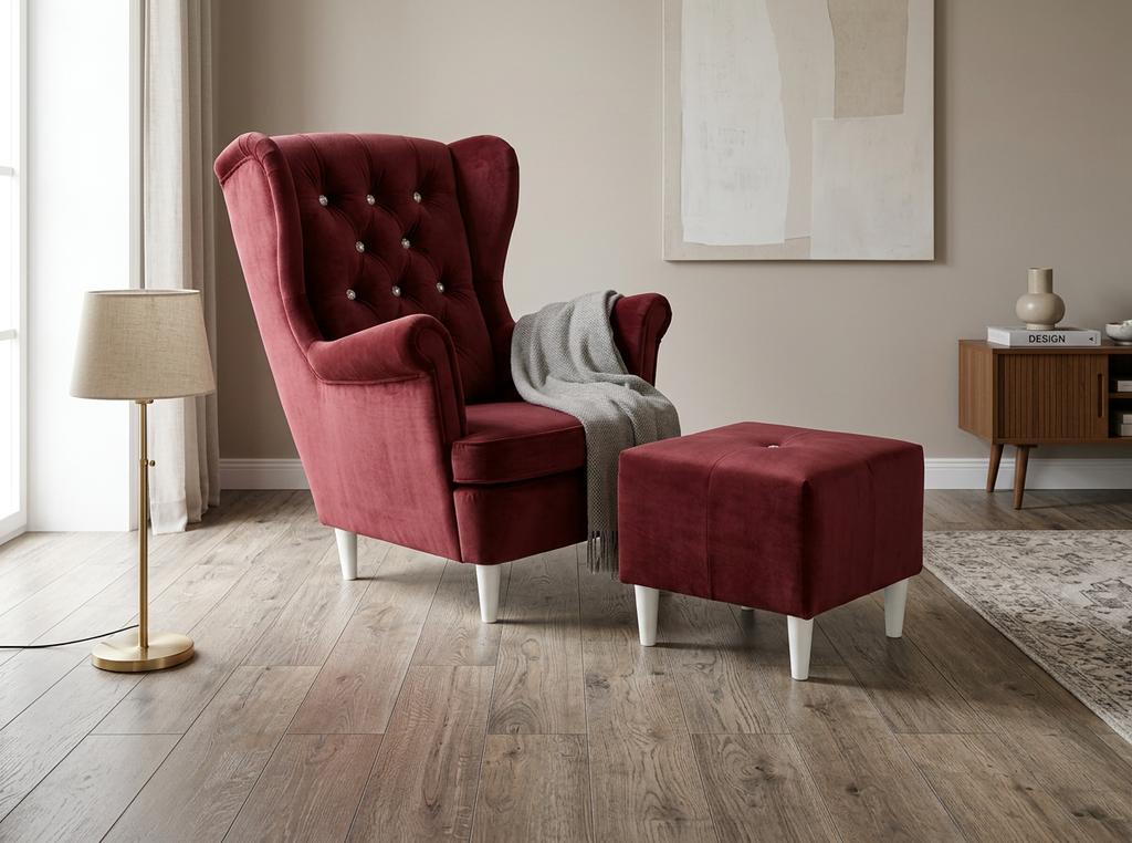 Ohrensessel Gaja Aura Royal mit Hocker und Kristallen im skandinavischen Stil – Family Meble