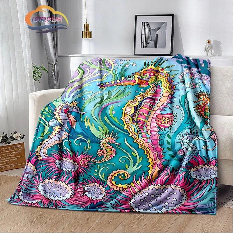 Marine Animal Sea Horse Blankets Super Soft Hippocampus Flannel Blanket Warm Lightweight Kids Bedding Sofa Chairs All Seasons