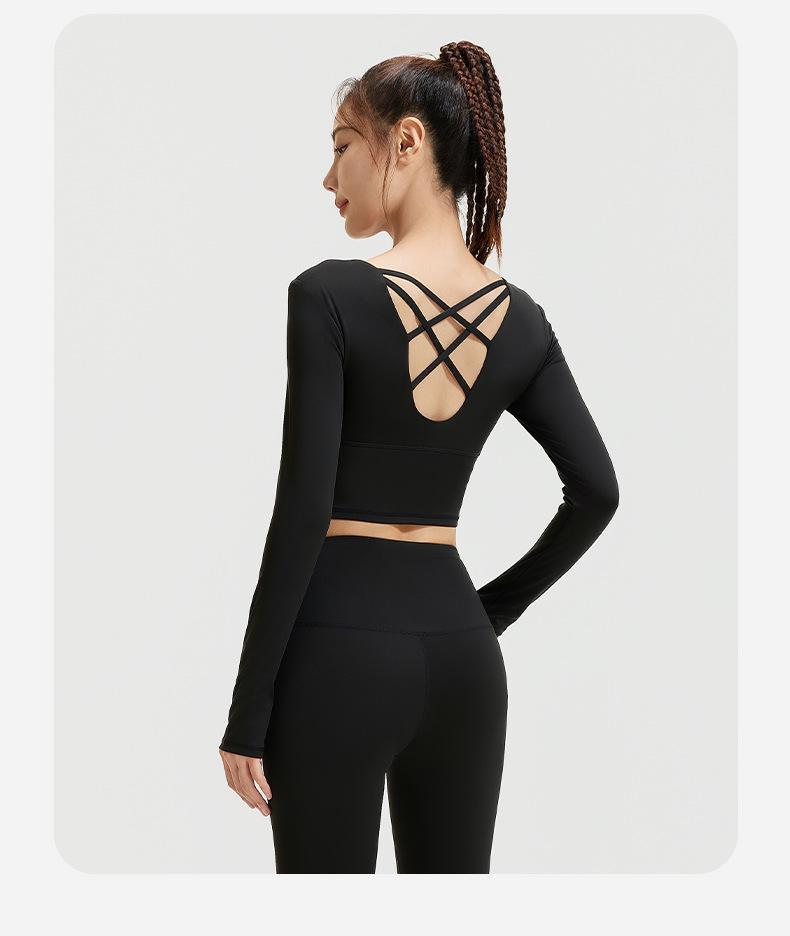 Верх для йоги Juyitang Cross-Back: Облегающая, с длинными рукавами, без бюстгальтера одежда для фитнеса для женщин