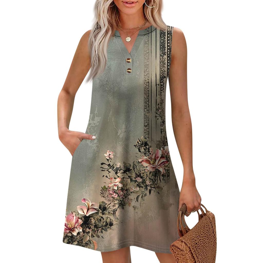 Women's Fashion Casual Printed V-Neck Button With Pocket Vest Sleeveless Dresses