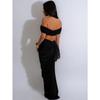 Stacked Ruched Two Piece Set Women Sexy Wrap Chest Tops and Low Waist Maxi Skirt Matching Evening Party Club Outfits