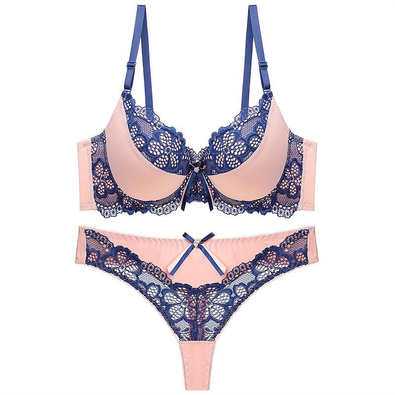 Sexy Bra Cover Color Collision Design Hollow Lace Embroidery Hotsweet Women's Lingerie Set Underwear+G-string