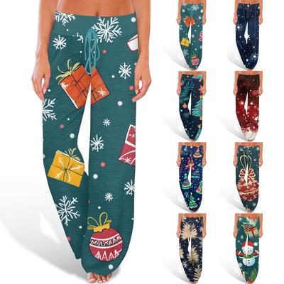 Женские удобные брюки-слип с рождественским принтом, широкие брюки на шнурке, повседневные брюки