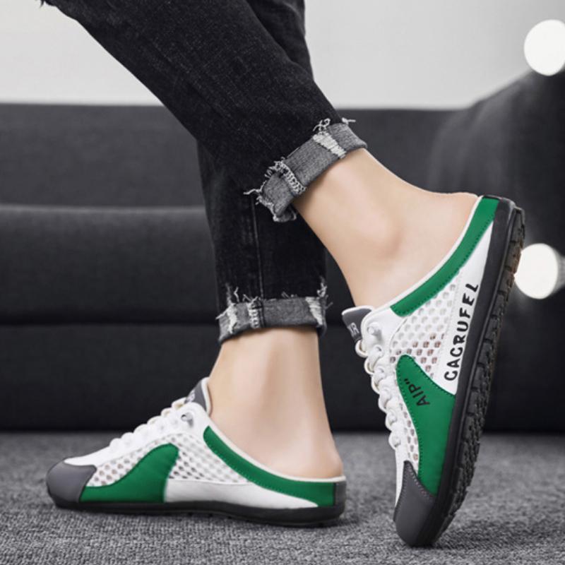 Summer Men's PU Leather Mesh Slippers Rubber Soft Sole Slippers Home Closed Toe Slingback Slides Flat Leisure Breathable Sandals