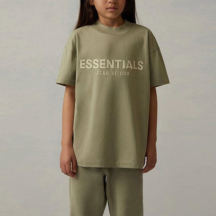 Fear of God Футболка для детей Essentials SS22 с принтом логотипа Sea Foam, круглым вырезом и коротким рукавом, детские футболки серо-зеленого цвета FOG-SS22-350