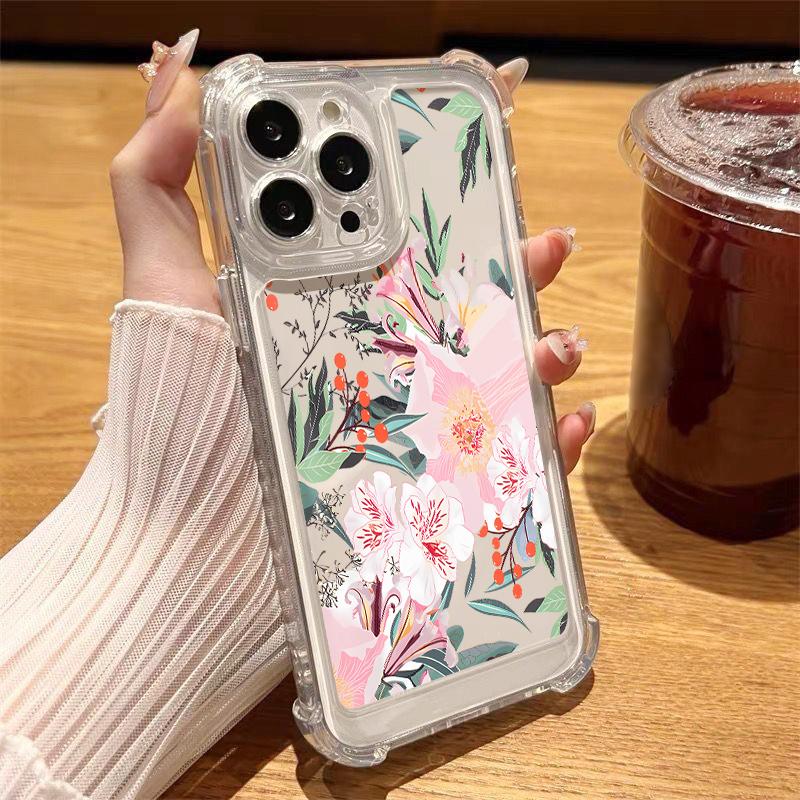 Для iPhone 16 Pro Max 16E 15 Pro 14 13 12 11 Чехол для телефона Прозрачный с цветочным принтом Противоударный Мягкий силиконовый Ударопрочный Защита объектива Бампер