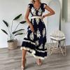 Women Summer Dress V-Neck Flying Short Sleeve Beach Dress Printing High Waist Flowy Hem Vacation Dress