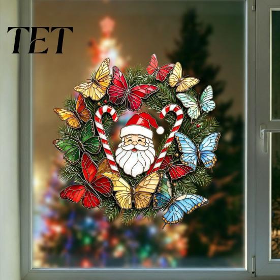 Waterproof PVC Static Clings Christmas Wreath Window Sticker, Stained Glass Style, Removable Santa Butterfly Candy Cane Decal, Cling for Home