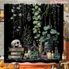 1pc Large Green Botanical Shower Curtain with Green Ivy, Candles, Glass Bottles & Vines - Dark Olive-Green Bathroom Decor, Vinta