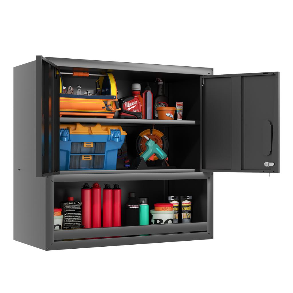 H77cm Wall-Mountable Metal Tool Cabinet with Lockable Door, 1 Adjustable Shelf and 1 Open Drawer - Garage, Storage, Office (Assembly Required)
