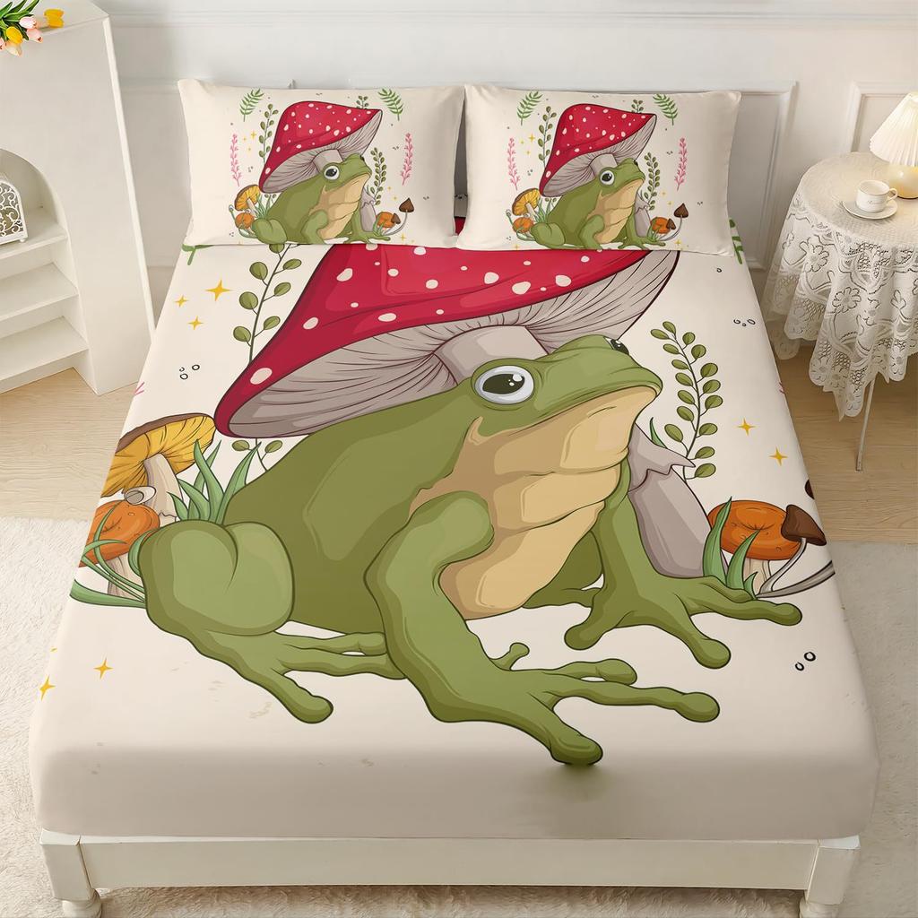Милый мультяшный узор с лягушкой Шапка на кровать из трех частей Цифровая печать Постельное белье Шапка на кровать Набор из трех частей Дети и взрослые