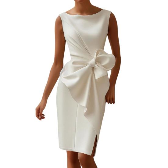 Женское приталенное платье без рукавов с драпировкой, бантом и разрезом сбоку, миди-платье, женское официальное коктейльное платье, платье для работы