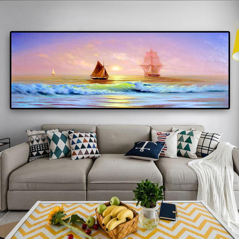 Sailing Ship At Sea Sailboat Wave Oil Painting On Canvas Posters and Prints Cuadros Wall Art Pictures For Living Room