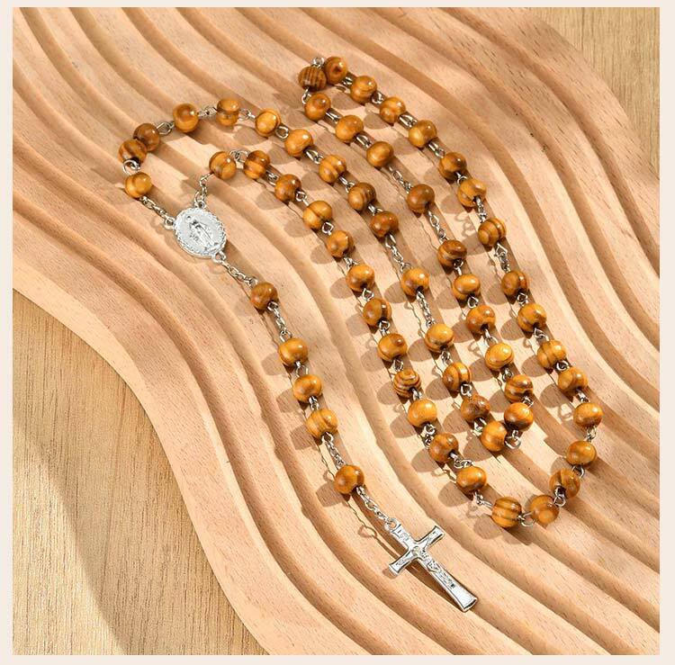 Wooden Rosary Necklace for Women, INRI Crucifix Cross Pendant, Long Chain Catholic Prayer Beads, Christian Religious Gift