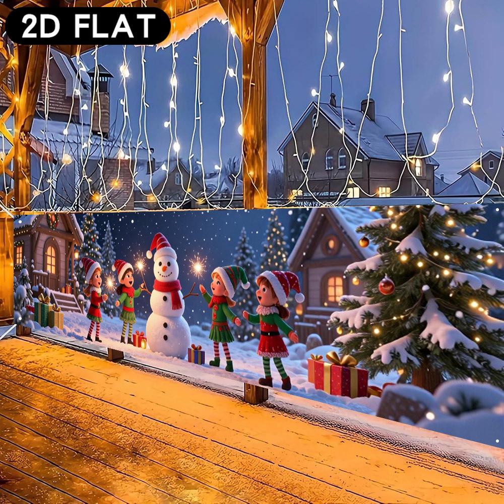Christmas Long Fence Banner, Snowman Reindeer Gingerbread Man Christmas Tree Cute Elf Design, Polyester Outdoor Yard Photo Backdrop Decoration
