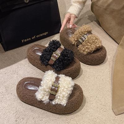 Женские пушистые тапочки на толстой подошве с кудрявым мехом, новинка осени и зимы 2025 года, корейская версия, тапочки для улицы, мягкая подошва, хлопковые тапочки с перемычкой