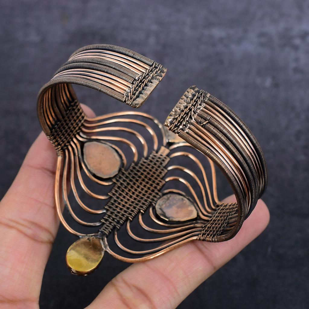 Черный Оникс Драгоценный Камень Ручной Работы Медная Проволока Обмотка Манжета Браслет Регулируемый g7W21