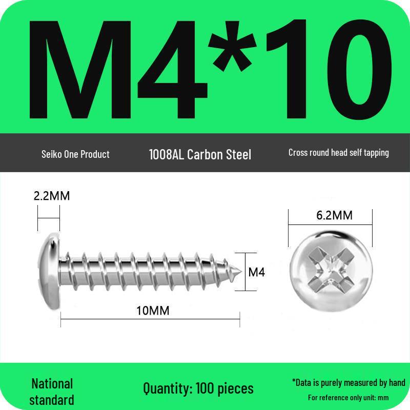 Galvanized Self-Tapping Screws, Round Head, White Zinc, PA Cross Pan, Pointed Tail M1.2-M4