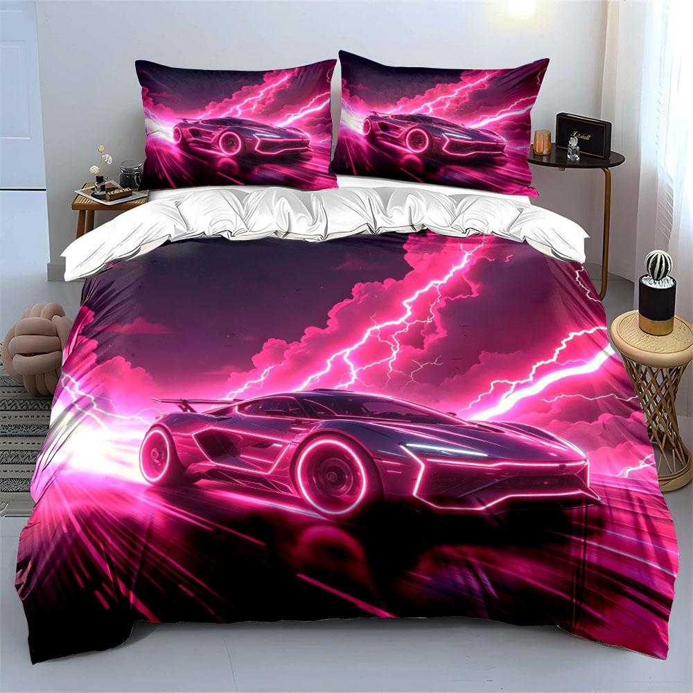 Cyberpunk Pink Neon Futuristic Sports Car Bedding Set,Purple Lightning Glow Hypercar Racing Print 3pc For Racing Fans
