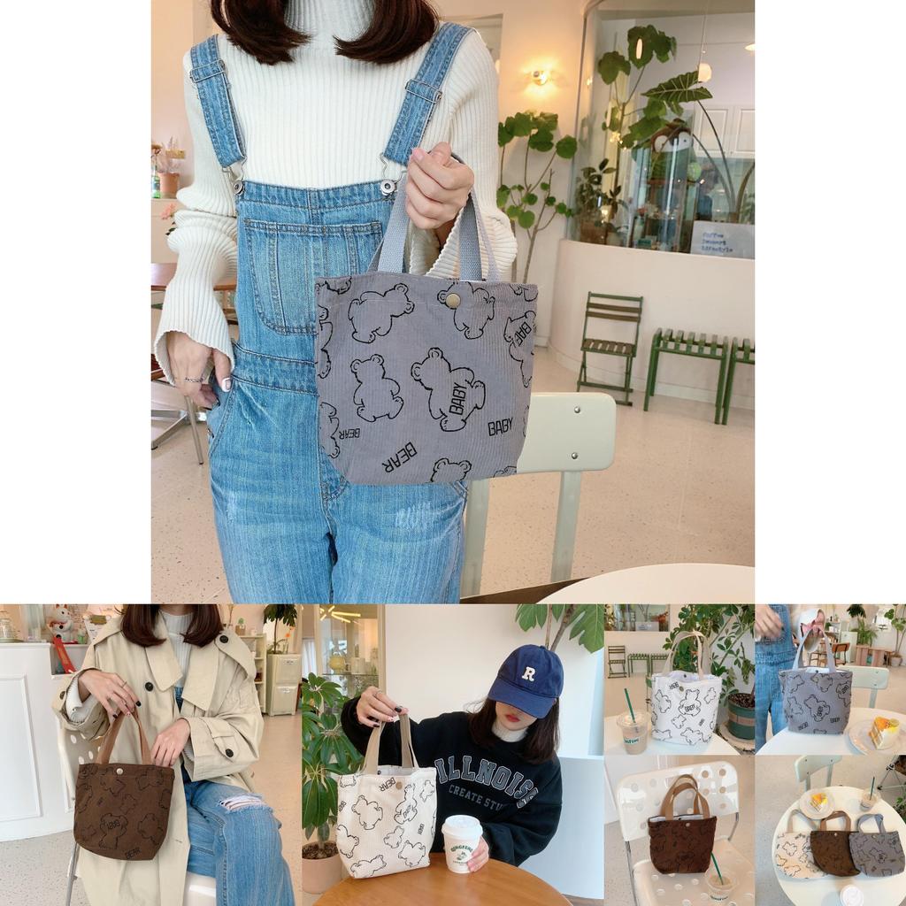 Винтажная вельветовая сумка-тоут для ланча с изображением медвежонка, портативная, большой вместимости, сумка для хранения