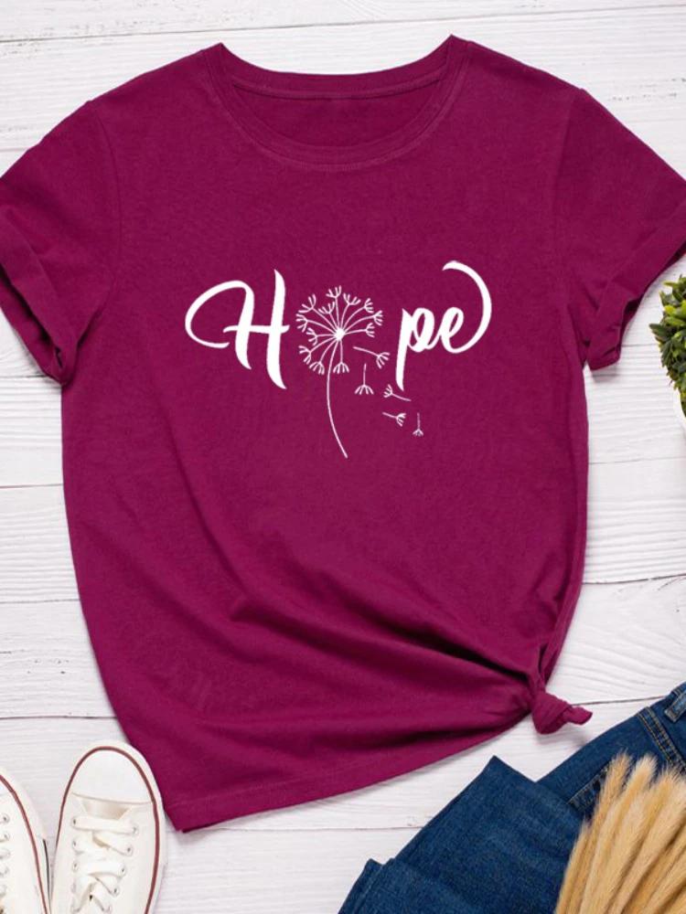 Dandelion Hope Letter Print Женская футболка с коротким рукавом и круглым вырезом Свободная женская футболка Женская футболка Топы Одежда Camisetas Mujer