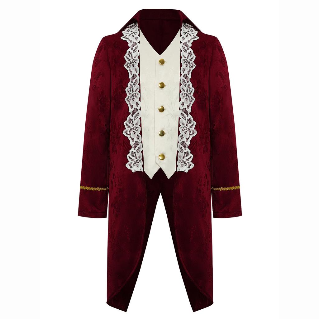 Boys Medieval Renaissance Victorian Jacket Turn Down Collar Long Sleeves Fake Two in One Lace Embroidery Tailcoat