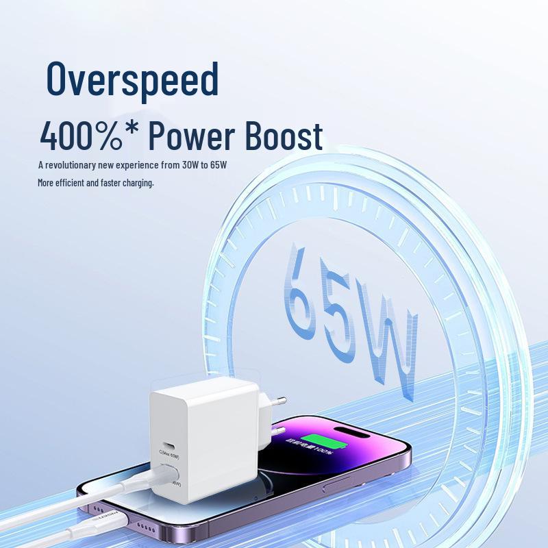 Быстрое зарядное устройство GaN с двумя портами USB-C мощностью 65 Вт для ноутбука и телефона