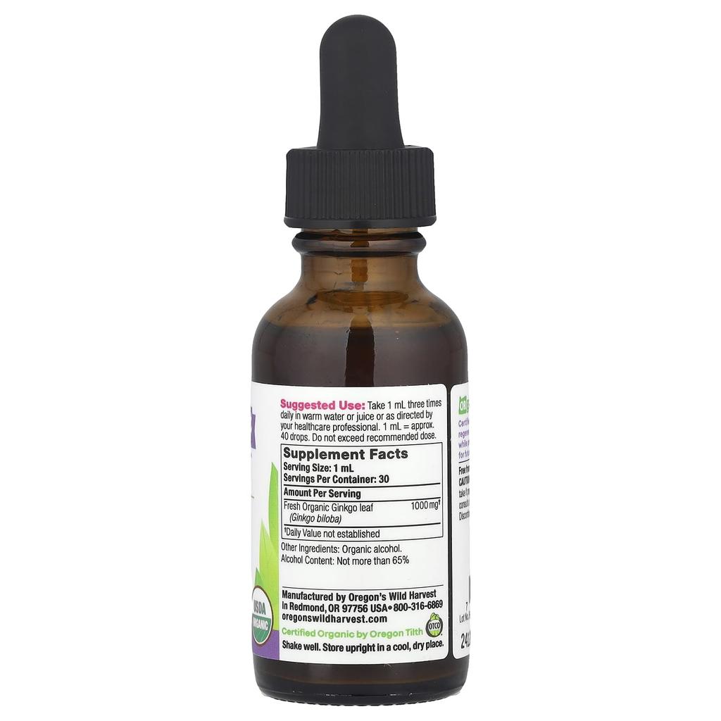 Oregon'S Wild Harvest, Organic Ginkgo Biloba Extract, 30 mL (1 Fl Oz) (1,000 Mg Per Serving)