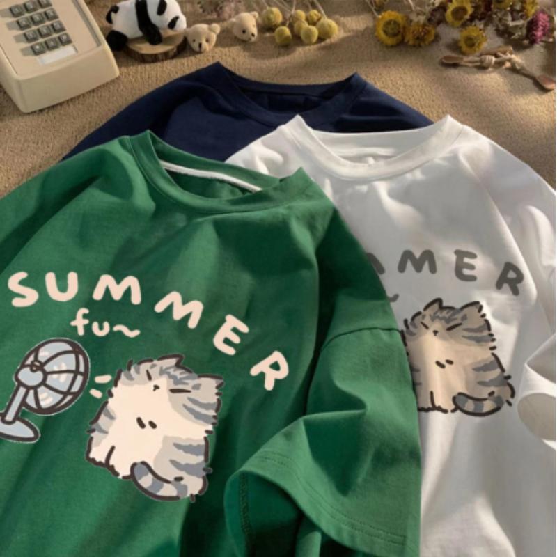 American Street Creative Blow Fan Cat Pure  T-shirt for Men and Women Summer Relaxed Short Sleeve Couple Wear INS Top Sense of Design Streetwear