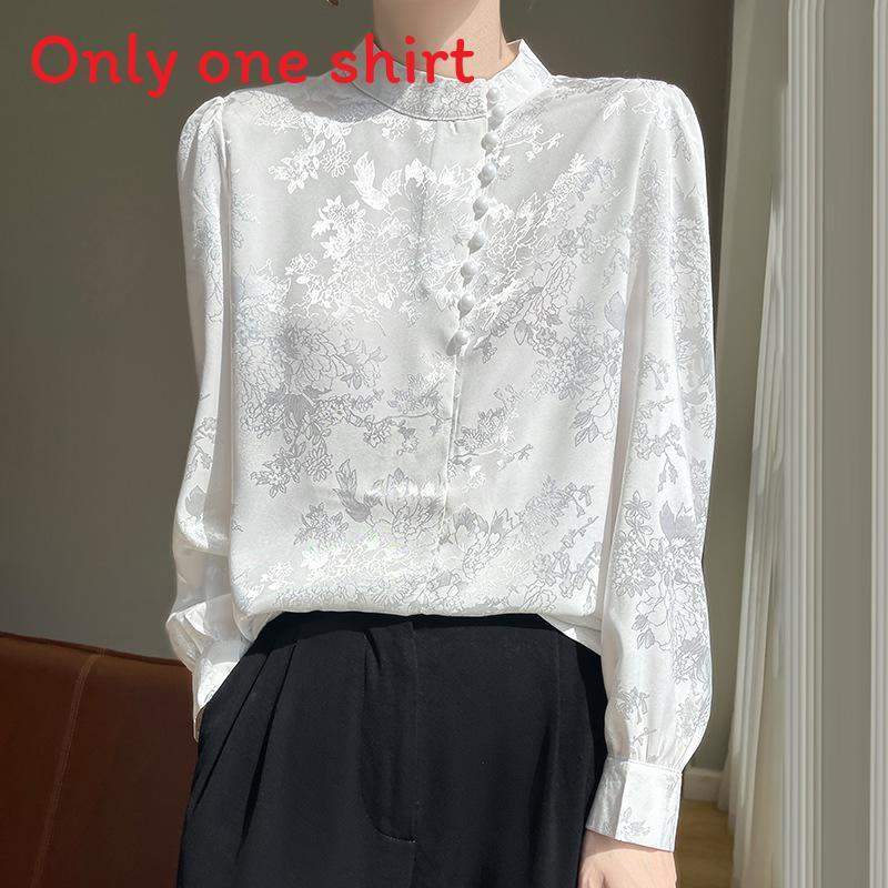 Satin Silk Blouse For Women With Stand Collar And Pockets For Office Casual Wear