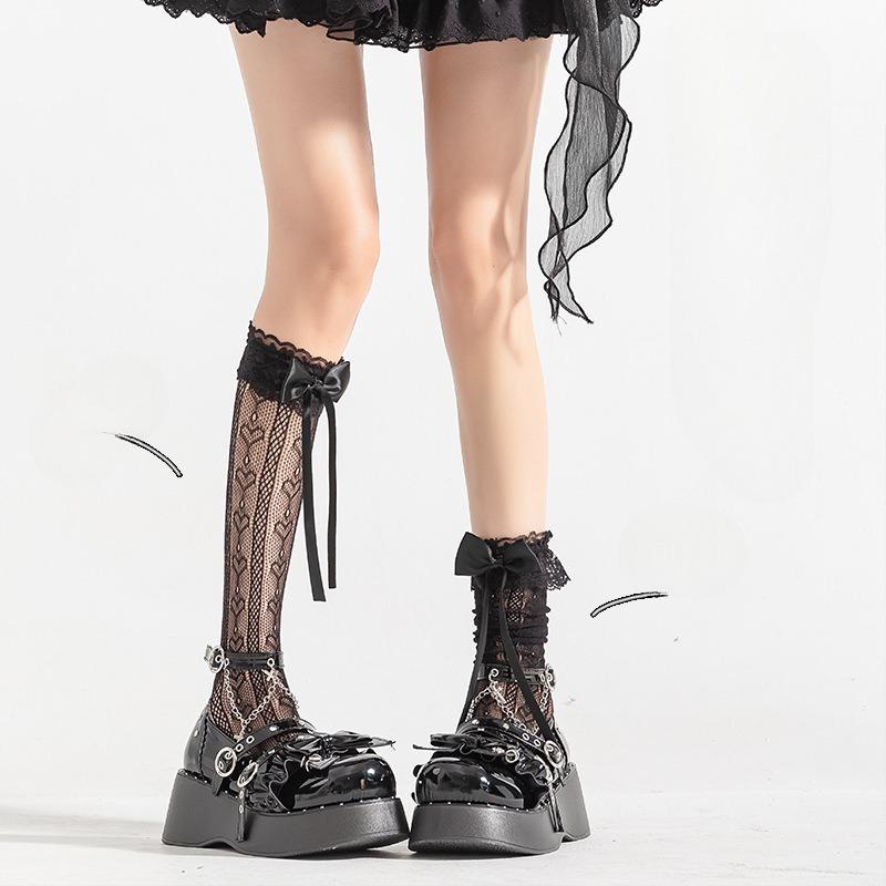 Белые гольфы из телячьей кожи с бантом на лето, тонкие, ажурные, длинные, с лентой и кружевом в стиле лолита до колена